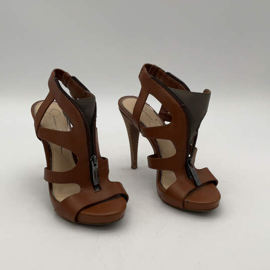 Womens Brown Beige Leather Open Toe Front Zip Strappy Stiletto Heel Size 6 image number 1