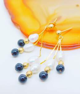 14K Gold White Pearl Onyx & Ball Beaded Cobra Chains Tassel Drop Post Earrings 2.0g alternative image