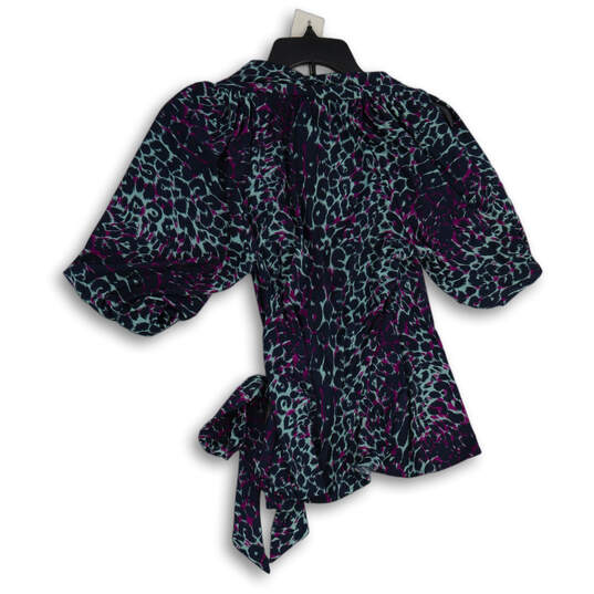 NWT Womens Blue Purple Animal Print Short Sleeve Tie Waist Blouse Top Sz S image number 2
