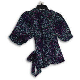 NWT Womens Blue Purple Animal Print Short Sleeve Tie Waist Blouse Top Sz S alternative image