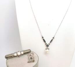 Romantic Judith Jack & Fashion 925 Sterling Silver Marcasite & Faux Pearl Pendant Necklace & Bar & B Initial Brooches 16.6g