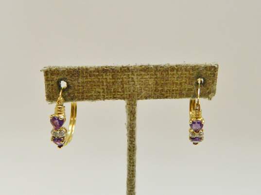 10K Yellow Gold Heart Amethyst Diamond Accent Hoop Earrings 3.6g image number 2