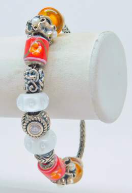 Trollbeads LAA 925 White Red & Orange Floral Art Glass Cubic Zirconia & Pearls Charm Beads Wheat Chain Bracelet 40.1g