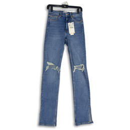 NWT Womens Blue Denim Medium Wash Distressed Spilt Skinny Jeans Size 38
