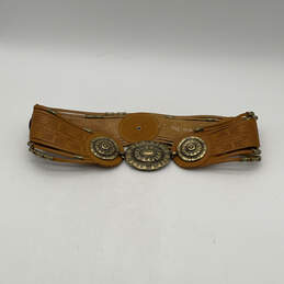 Womens Tan Leather Round Brass Buckle Adjustable Western Belt Size 48/86 S