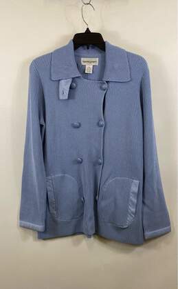 Bloomingdales Womens Blue Long Sleeve Collared Pockets Cardigan Sweater Size XL