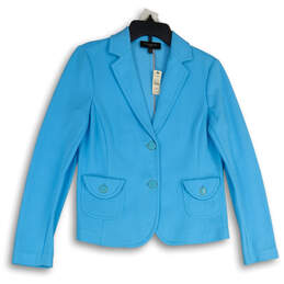 NWT Womens Blue Long Sleeve Noch Lapel Two Button Blazer Size M Petite