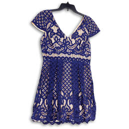 Womens Blue Lace Short Sleeve V-Neck Back Zip Fit & Flare Dress Size Large alternative image
