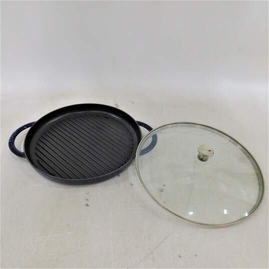 Staub France Blue Round 12 inch Cast Iron Grill Pan w/ Lid image number 1