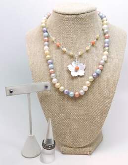 Romantic 925 Coral Carved Mother of Pearl Flower Pendant & Multi Color Pearls Beaded Necklaces Purple CZ Post Earrings & Band Ring 54.7g