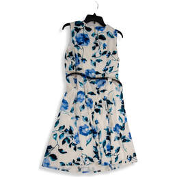 Womens White Blue Floral Sleeveless Waist Belted A-Line Dress Size 10 alternative image