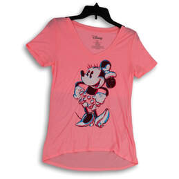 Womens Pink Mickey Regular Fit V-Neck Short Sleeve Pullover T-Shirt Size XS
