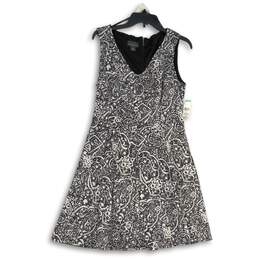 NWT Covington Womens Black White Brocade Print V-Neck Fit & Flare Dress Size M