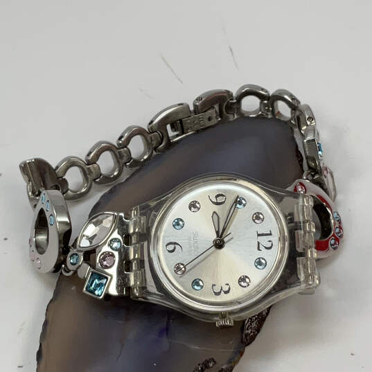 Designer Swatch Silver-Tone Blue Stone Round Dial Quartz Analog Wristwatch image number 1