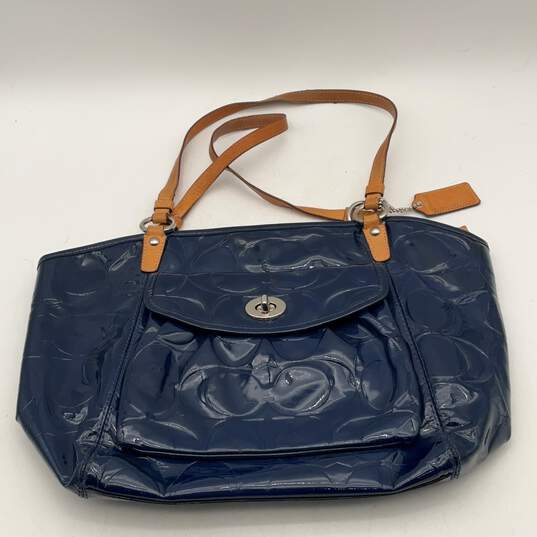 Coach Womens Blue Shiny Double Handle Outer Pocket Logo Charm Tote Handbag image number 1