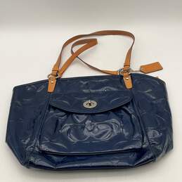 Coach Womens Blue Shiny Double Handle Outer Pocket Logo Charm Tote Handbag