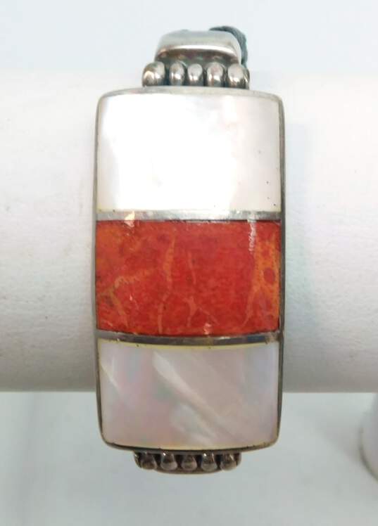 Artisan 925 Coral & Mother of Pearl Inlay Rectangle Charm Double Braided Cord Bracelet & Modernist Band Ring 32g image number 4
