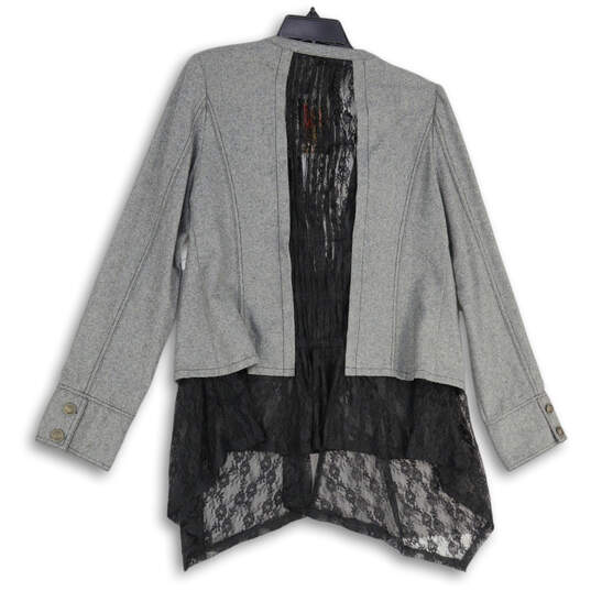 NWT Womens Gray Black Asymmetrical Lace Embellished Open Front Jacket Sz L image number 2