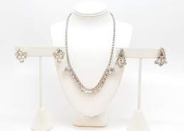 Vintage Silvertone Icy Rhinestones Chain Collar Necklace & Matching Cluster & Tassel Drop Screw Back Earrings 27g