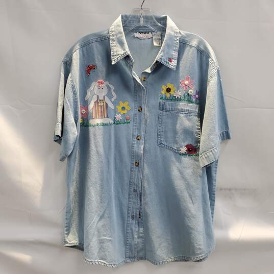 Vintage PTNY Embroidered Short Sleeve Button Up Denim Shirt Size M image number 1