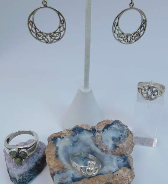 Romantic 925 Sterling Silver Claddagh Celtic Knot & Clover Shamrock Earrings & Rings 13.4g image number 1