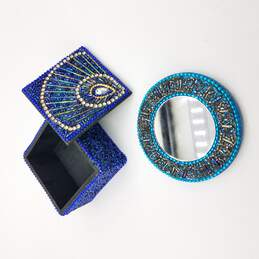 Micro Beaded Blue Trinket Box & Travel Mirror Lot alternative image