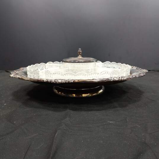 Vintage Rogers Bros. Heritage Silver Plate and Glass Chip and Dip Snack Tray Lazy Susan image number 6