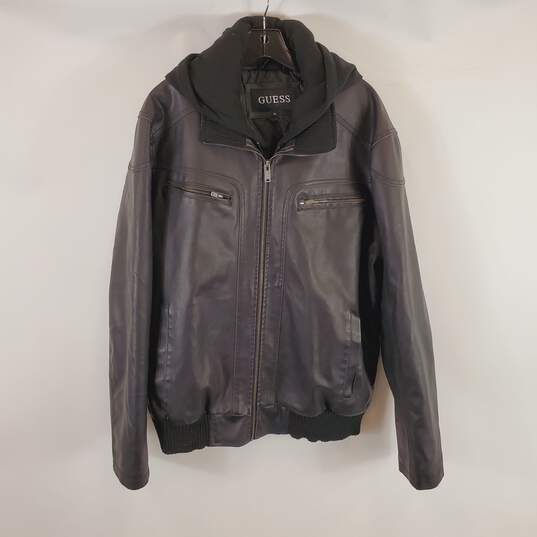 Guess Men Black Faux Leather Jacket + Hood XL image number 1