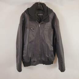 Guess Men Black Faux Leather Jacket + Hood XL