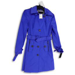 NWT Womens Blue Long Sleeve Pockets Collared Hooded Belted Trench Coat Sz M