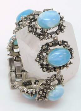 Vintage Ornate Silver Tone & Blue Cabochon Panel Bracelet 57.2g