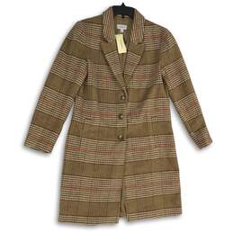 NWT Evereve Womens Rose Brown Plaid Long Sleeve Button Front Overcoat Size S