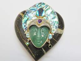 Sajen 925 Aventurine Carved Goddess Face Amethyst Chrome Diopside Druzy & Abalone Shell Inlay Crown Statement Pendant Brooch 52.3g