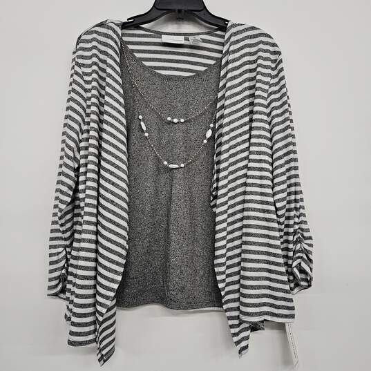 Grey White Striped Flow Sleeve Blouse image number 1