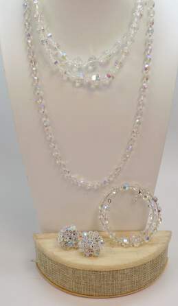 Vintage & Laguna Silvertone Clear Aurora Borealis Crystal Beaded Layering Necklaces Cluster Clip On Earrings & Wrap Bracelet 126g