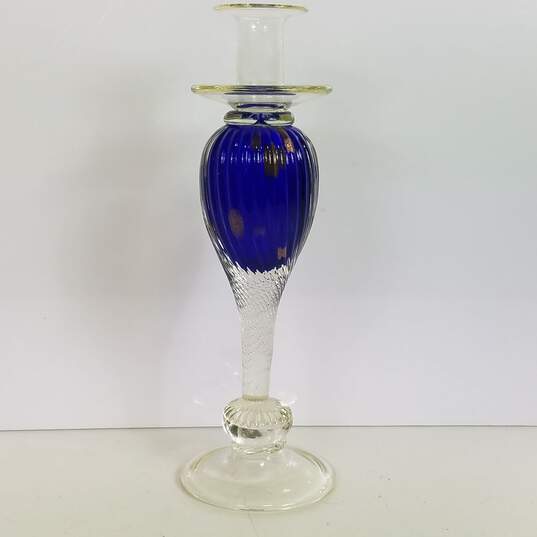 Murano Candle Stick / Blown Art Glass / Cobalt Blue w/ Gold Accents image number 1