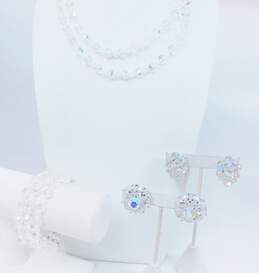 Vintage Aurora Borealis Necklace Multi Strand Bracelet & Clip On Earrings 121.5g