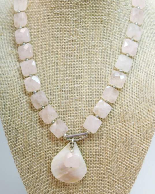 Peyote Bird 925 Faceted Rose Quartz Square & MOP Shell Pendant Beaded Necklace image number 1