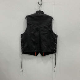 Mens Black Leather Sleeveless V-Neck Front Pockets Motorcycle Vest Size L alternative image