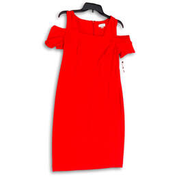 Womens Red Cold Shoulder Square Neck Back Zip Knee Length Shift Dress Sz 10