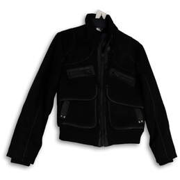 Womens Black Long Sleeve Elbow Patch Mock Neck Pockets Full-Zip Jacket Sz L