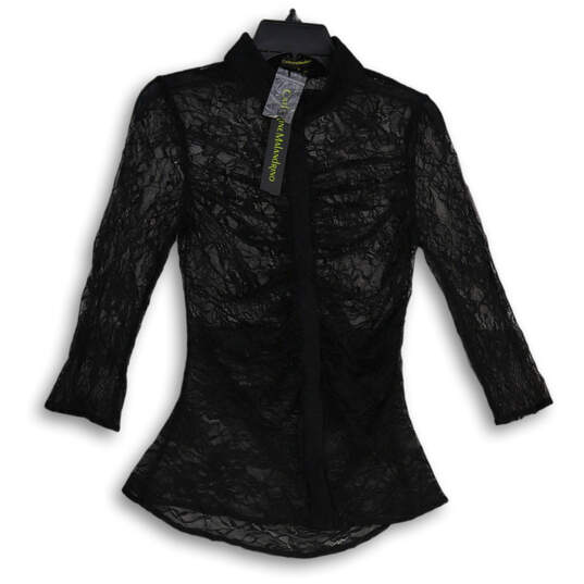 NWT Womens Black Lace Collared Long Sleeve Button Front Blouse Top Size 10 image number 1