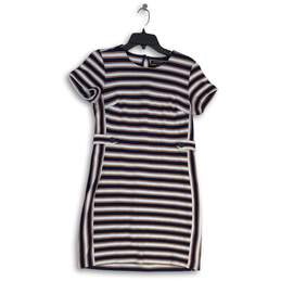 Womens Multicolor Striped Short Sleeve Round Neck Back Zip Sheath Dress Size 6
