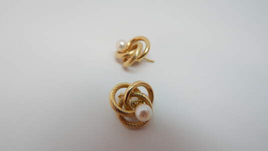 14K Gold White Pearl Post Earrings & Rope & Smooth Interlocking Circles Enhancer Jackets 2.9g image number 3