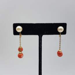 Antique 14k Gold FW Pearl & Coral Screw Back Earrings 4.8g alternative image