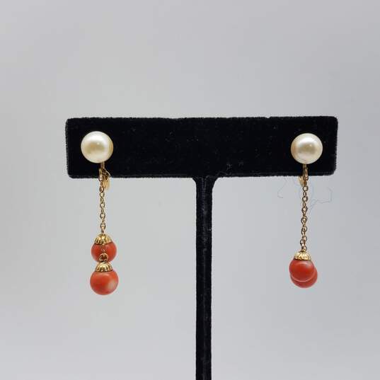 Antique 14k Gold FW Pearl & Coral Screw Back Earrings 4.8g image number 2