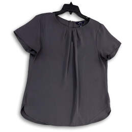 Womens Gray Pleated Round Neck Short Sleeve Back Zip Blouse Top Size 14