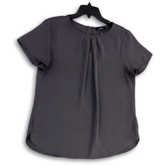 Womens Gray Pleated Round Neck Short Sleeve Back Zip Blouse Top Size 14 image number 1