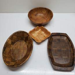 Lot of 4 Weaved Wooden Bowls & Trays