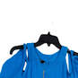Womens Blue Round Neck Cold Shoulder Stretch Pullover Blouse Top Size Small image number 3
